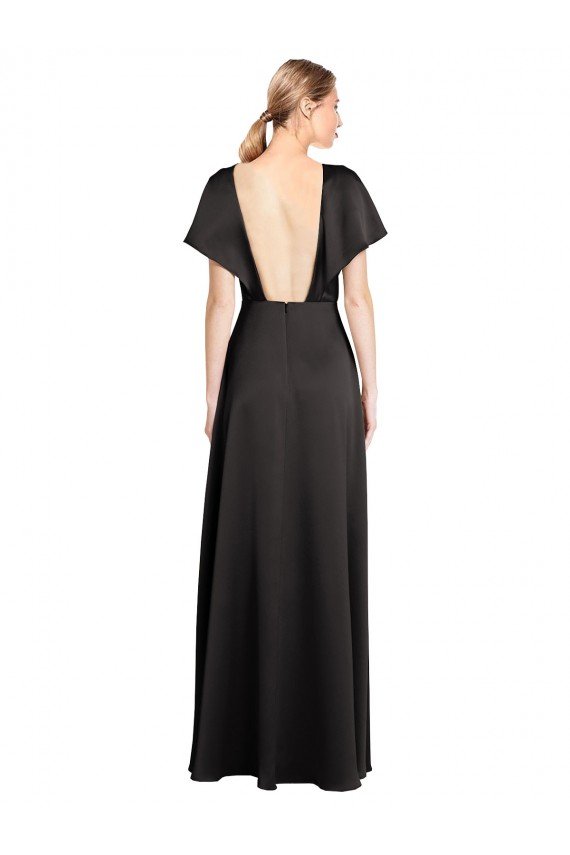 Outlet Cap Sleeves Open Back Long Formal Stretch Satin Bridesmaid Dress / Prom Dress