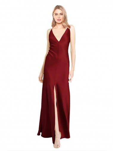 Outlet Floor Length Deep V-Back Formal Stretch Satin Bridesmaid Dress / Prom Dress with Front Slit