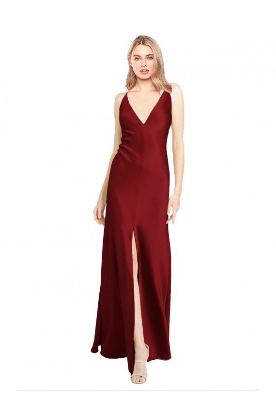 Outlet Floor Length Deep V-Back Formal Stretch Satin Bridesmaid Dress / Prom Dress with Front Slit