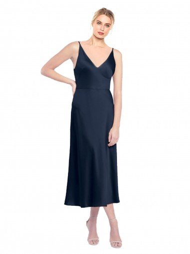 Outlet V-Neck Midi Length Short Cocktail Formal Stretch Satin Bridesmaid Dress / Prom Dress V-Back