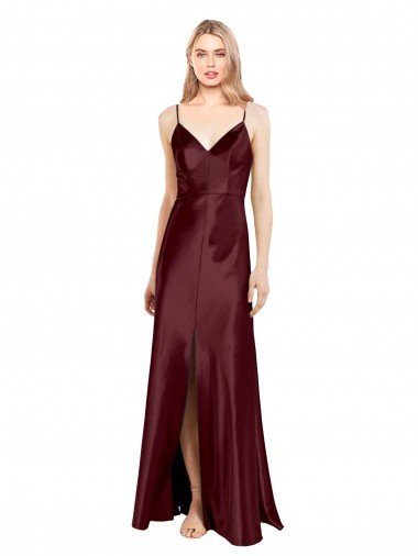 Outlet Sleek Spaghetti Straps V-Neck Formal Stretch Satin Bridesmaid Dress / Prom Dress with Center Front Slit