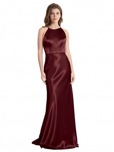Outlet High Neck Halter Long Sleeveless Formal Stretch Satin Bridesmaid Dress / Prom Dress with Strappy Back