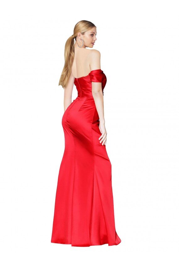 Outlet High Neck Off the Shoulder Formal Stretch Satin Bridesmaid Dress / Prom Dress with High Slit