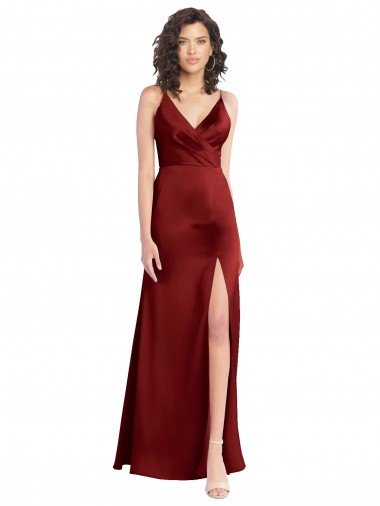 Outlet Faux Surplice Neckline Long Slim A-Line Formal Stretch Satin Bridesmaid Dress / Prom Dress