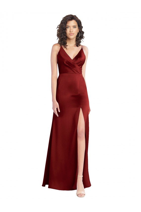 Outlet Faux Surplice Neckline Long Slim A-Line Formal Stretch Satin Bridesmaid Dress / Prom Dress