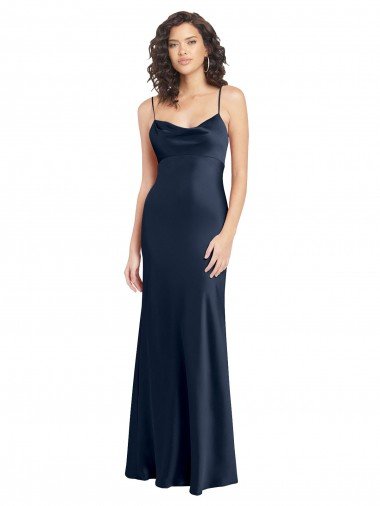 Outlet Cowl Neck Long Empire Waist Formal Stretch Satin Bridesmaid Dress with Open Back
