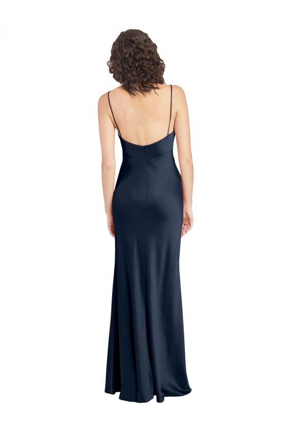 Outlet Cowl Neck Long Empire Waist Formal Stretch Satin Bridesmaid Dress with Open Back