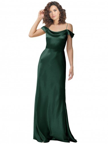 Outlet Off the Shoulder Sleeves Long Formal Stretch Satin Bridesmaid Dress / Prom Dress with Pleated Draped Neckline