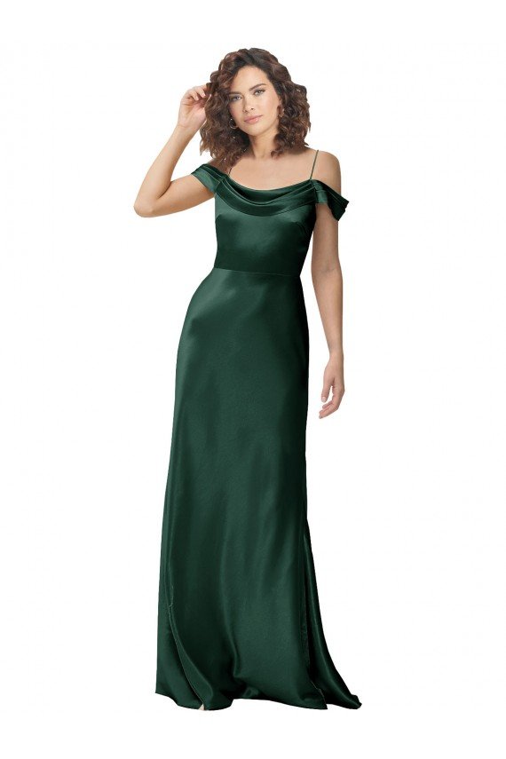 Outlet Off the Shoulder Sleeves Long Formal Stretch Satin Bridesmaid Dress / Prom Dress with Pleated Draped Neckline