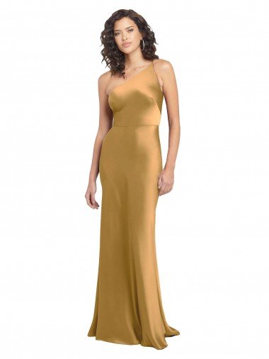 Outlet One Shoulder Long Floor Length Formal Stretch Satin Slip Bridesmaid Dress / Prom Dress