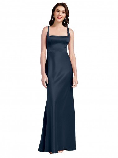Outlet Square Neck A-Line Long Formal Stretch Satin Bridesmaid Dress / Prom Dress with Wide Straps