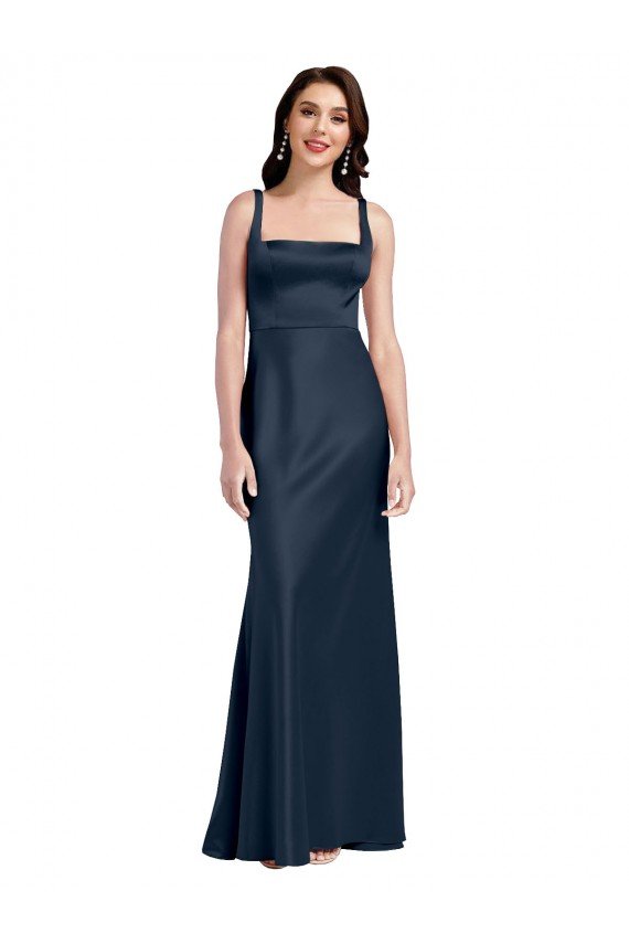 Outlet Square Neck A-Line Long Formal Stretch Satin Bridesmaid Dress / Prom Dress with Wide Straps