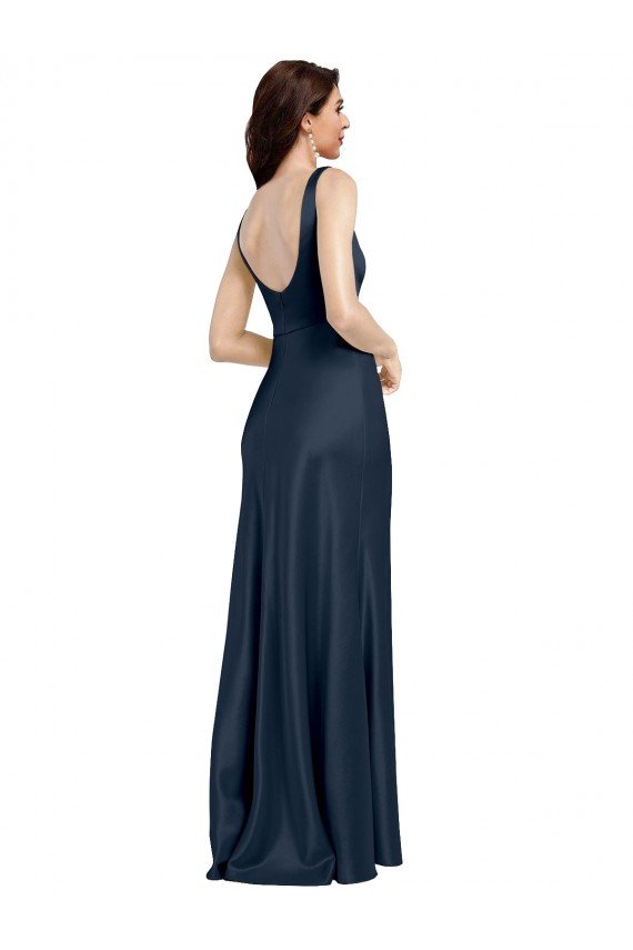 Outlet Square Neck A-Line Long Formal Stretch Satin Bridesmaid Dress / Prom Dress with Wide Straps