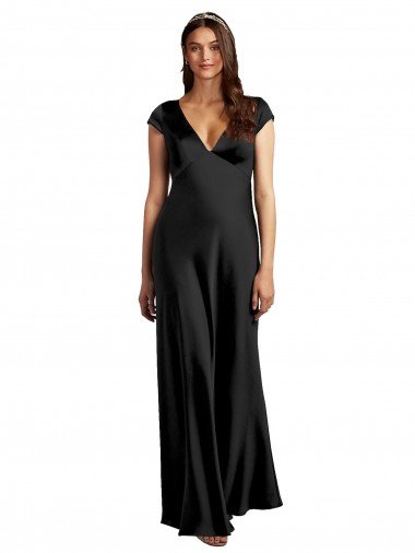Outlet Plunging V-Neck Cap Cleeves Long Formal Stretch Satin Bridesmaid Dress / Prom Dress with Keyhole Back