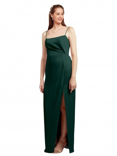Outlet Sleek Straight Neckline Long Wrap Formal Stretch Satin Bridesmaid Dress / Prom Dress with Angled Pleats