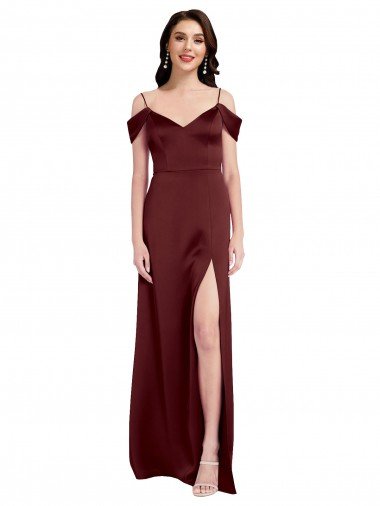 Outlet Draped Off the Shoulder Sleeves Slim A-Line Formal Stretch Satin Bridesmaid Dress / Prom Dress with Side Slit