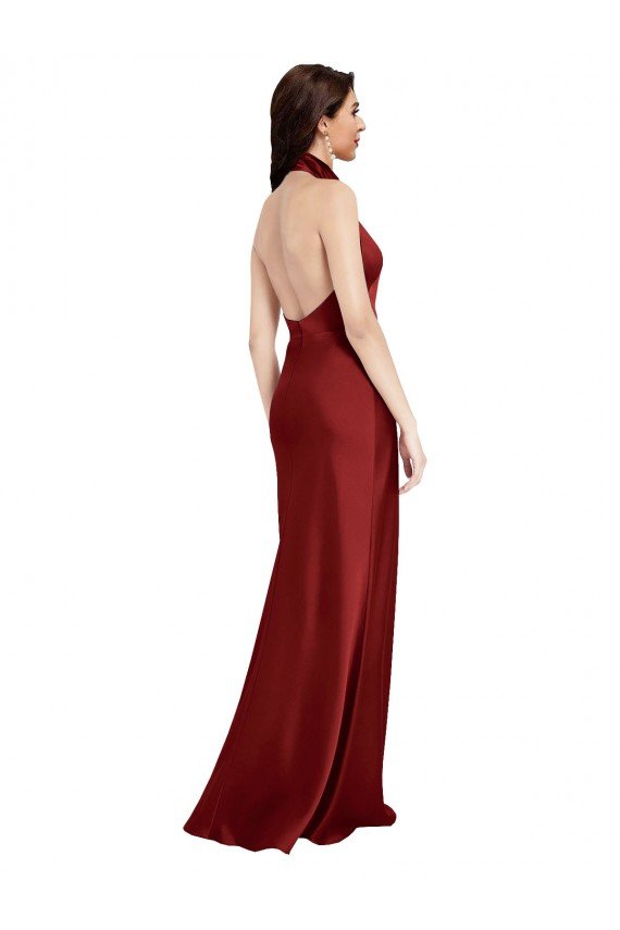 Outlet Backless Halter Long Formal Stretch Satin Bridesmaid Dress / Prom Dress