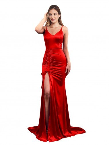 Outlet Long Pleated Formal Stretch Satin Bridesmaid Dress / Prom Dress with High Slit