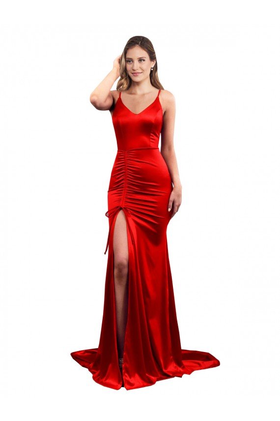 Outlet Long Pleated Formal Stretch Satin Bridesmaid Dress / Prom Dress with High Slit