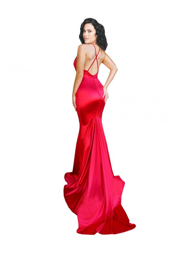 Outlet Mermaid Open Back Long Formal Stretch Satin Bridesmaid Dress / Prom Dress with High Slit
