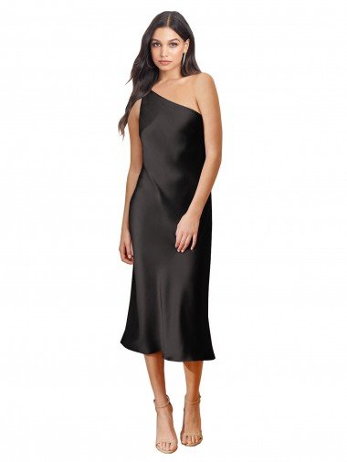 Outlet Sleek One Shoulder Midi Length Short Cocktail Formal Stretch Satin Slip Bridesmaid Dress / Prom Dress