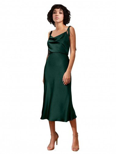 Outlet Spaghetti Straps Tie Shoulders Cowl Neck Short Midi Length Formal Stretch Satin Cocktail Bridesmaid Dress / Prom Dress