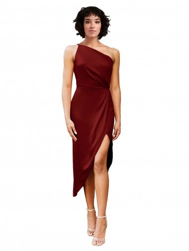 Outlet One Shoulder Cocktail Midi Length Short Formal Stretch Satin Wrap Style Bridesmaid Dress / Prom Dress
