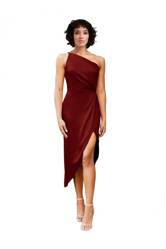 Outlet One Shoulder Cocktail Midi Length Short Formal Stretch Satin Wrap Style Bridesmaid Dress / Prom Dress