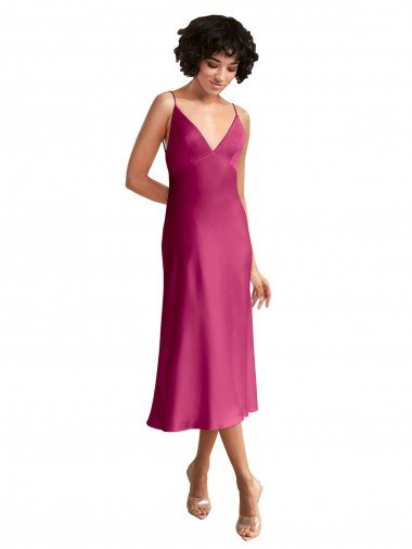 Outlet Midi Length V-Neck Short Formal Stretch Satin Bridesmaid Dress / Cocktail Prom Dress with Low Scoop Back