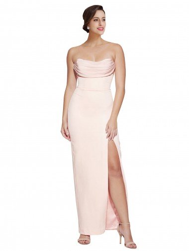 Outlet Cowl Neck Strapless Formal Stretch Satin Bridesmaid Dress / Prom Dress with High Split