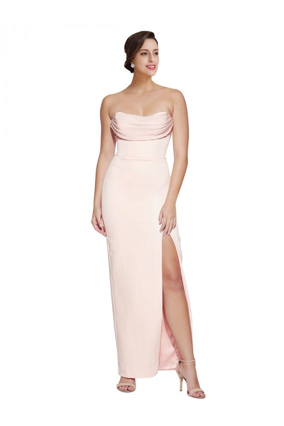 Outlet Cowl Neck Strapless Formal Stretch Satin Bridesmaid Dress / Prom Dress with High Split