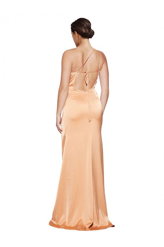 Outlet One Shoulder Ruched Formal Stretch Satin Bridesmaid Dress / Prom Dress with Thigh High Split
