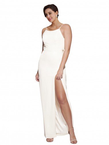 Outlet High Neck Formal Stretch Satin Bridesmaid Dress / Prom Dress with Low Back and Side Slit