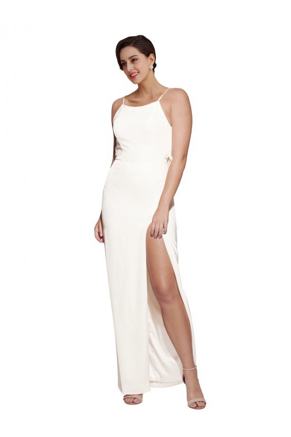 Outlet High Neck Formal Stretch Satin Bridesmaid Dress / Prom Dress with Low Back and Side Slit