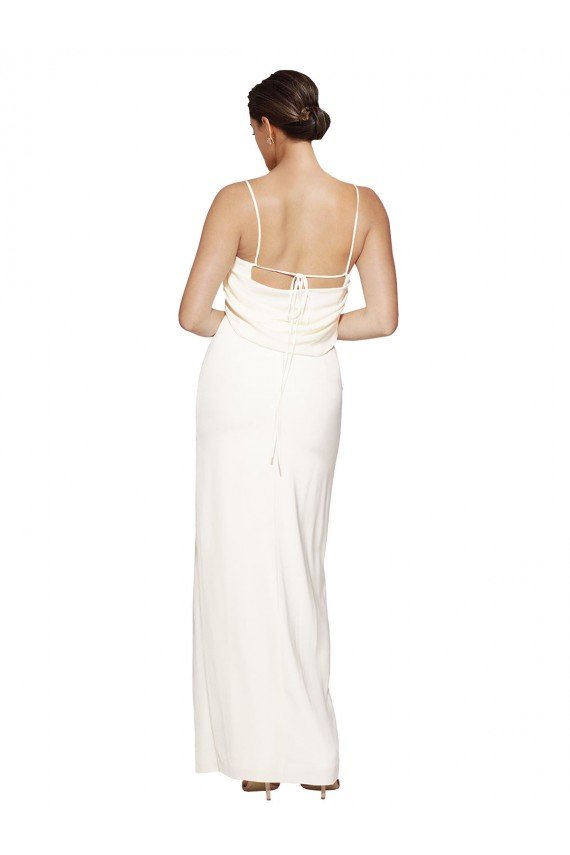 Outlet High Neck Formal Stretch Satin Bridesmaid Dress / Prom Dress with Low Back and Side Slit