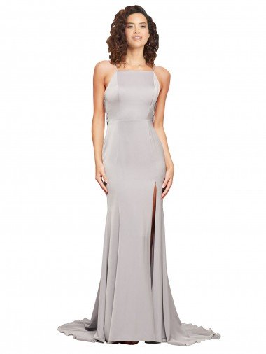 Outlet High Neck Low Back Long Full Length Formal Stretch Satin Bridesmaid Dress / Prom Dress