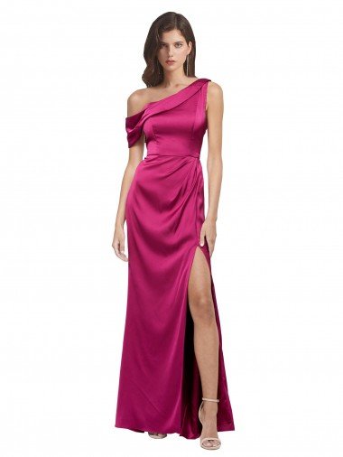 Outlet Off the Shoulder Short Sleeves Formal Stretch Satin Bridesmaid Dress / Prom Dress with Side Slit