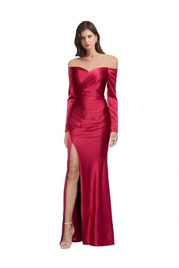 Outlet Long Sleeves Off the Shoulder Formal Stretch Satin Bridesmaid Dress / Prom Dress with High Side Split