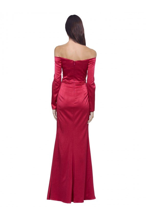 Outlet Long Sleeves Off the Shoulder Formal Stretch Satin Bridesmaid Dress / Prom Dress with High Side Split