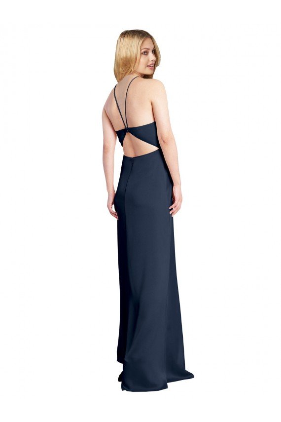 Outlet Halter Neckline Long Formal Stretch Satin Bridesmaid Dress / Prom Dress with Strappy Back and Side Slit