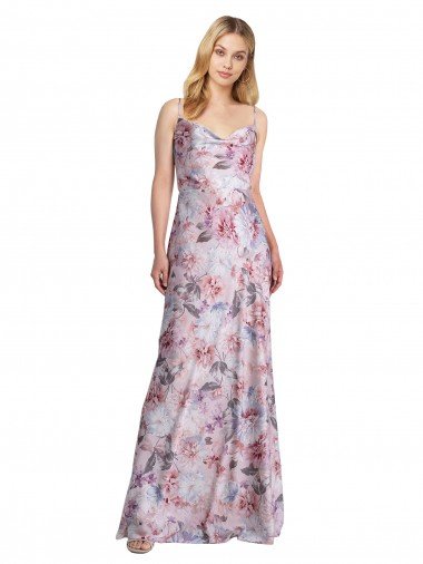 Outlet Draped Cowl Neck Long Printed Formal Stretch Satin Bridesmaid Dress