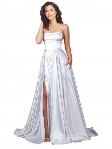 Outlet Simple A-Line Corset Style Pleated Long Stretch Satin Beach Wedding Dress with High Slit