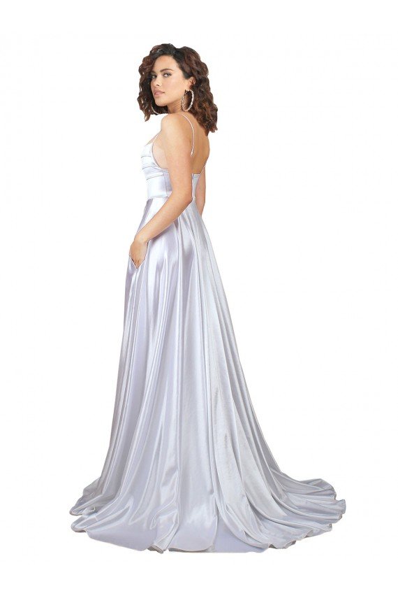 Outlet Simple A-Line Corset Style Pleated Long Stretch Satin Beach Wedding Dress with High Slit