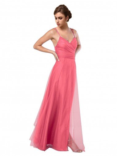 Outlet Flowy A-Line Tulle Bridesmaid Dress with Double Straps and V-Neck