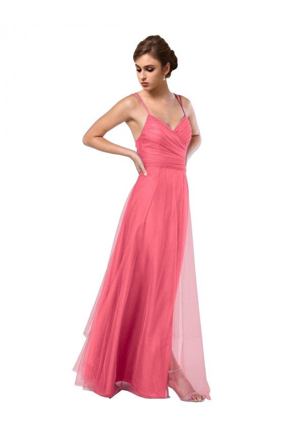 Outlet Flowy A-Line Tulle Bridesmaid Dress with Double Straps and V-Neck