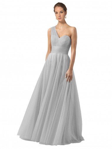 Outlet Floor Length Tulle Bridesmaid Dress with Shirred One Shoulder Bodice