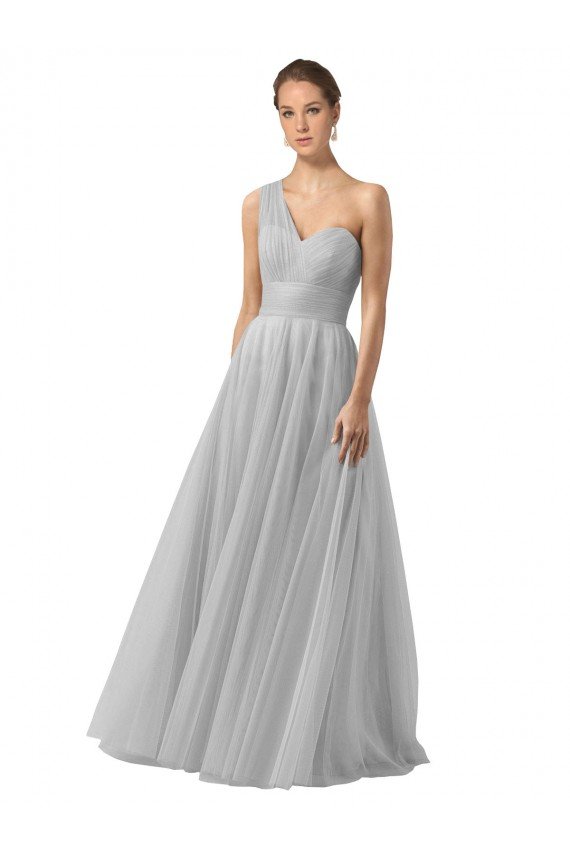 Outlet Floor Length Tulle Bridesmaid Dress with Shirred One Shoulder Bodice