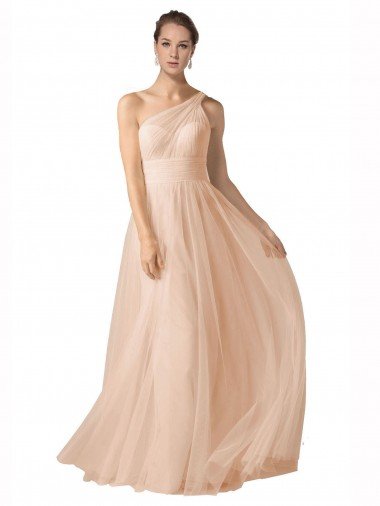 Outlet Illusion One Shoulder Tulle Bridesmaid Dress with Shirred Bodice