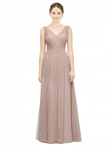 Outlet Full Length Draped Long V-Neck Tulle Bridesmaid Dress