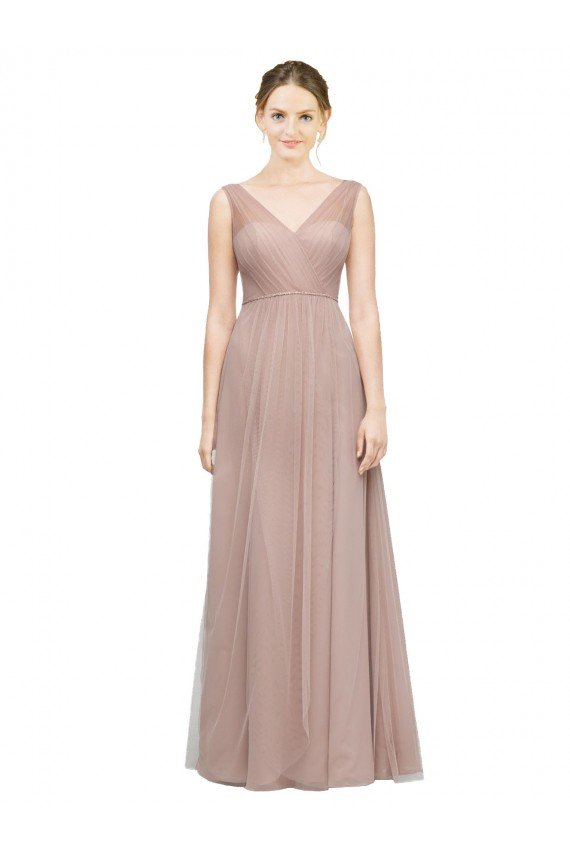 Outlet Full Length Draped Long V-Neck Tulle Bridesmaid Dress